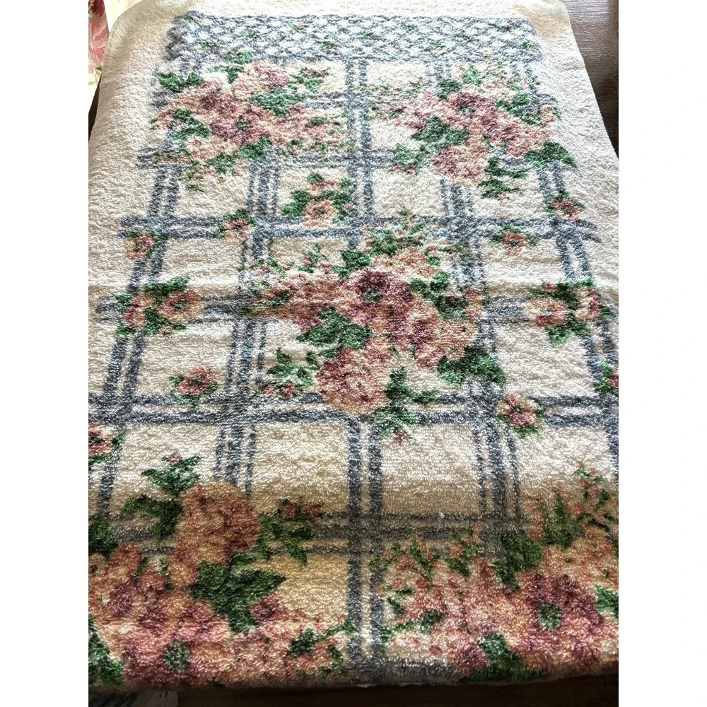 Vintage 80s Franco Towel Set Bath Hand Washcloth Pink Blue Lattice Floral